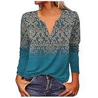 Plus Size Tops Ladie's Spring Hike Trending Long Sleeve Comfort Tee Comfortable Print Cotton V Neck Button Up Tee Women Blue