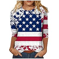 4Th of July Stuff Womens Fall Top Fourth of July Shirts for Women 3/4 Length Sleeve Womens Tops Red White and Blue T-Shirt USA Shirts for Women 04-Blue Large