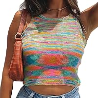 Women's Sleeveless Rainbow Knit Halter Tops Round Neck Cropped Tank Top Slim Fitting