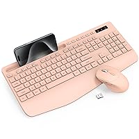 Wireless Keyboard and Mouse Combo - Full-Sized Ergonomic Keyboard with Wrist Rest, Phone Holder, Sleep Mode, Silent 2.4GHz Cordless Keyboard Mouse Combo for Computer, Laptop, PC, Mac, Windows (Pink)