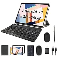 2023 Upgraded 2 in 1 Tablet, Android 11 Tablet 10.1 Inch, Tablet with Keyboard, Mouse, Stylus, Case, Film, 64GB ROM+4GB RAM, 1.8Ghz Quad-Core Processor, 8MP Camera, GPS/WiFi/Bluetooth Google Tablet PC