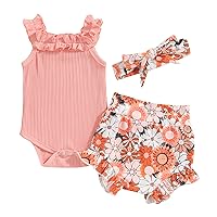 Newborn Baby Girls Clothes Sets Waffle Floral Print Sleeveless Bodysuits+Ruffles Drawstring Summer Shorts+Headband