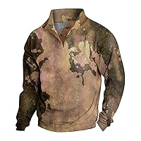 Men's Camo Sweatshirt Long Sleeve Raglan Button Up Stand Collar Pullover Tops Vintage Workout Sport Shirts