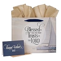 Christian Art Gifts Decorative Large Landscape Gift Bag w/Father's Day Card & Tissue Paper Set for Men & Dads: Blessed is the Man - Jeremiah 17:7 Inspirational Bible Verse, Creamy Beige & Navy Blue