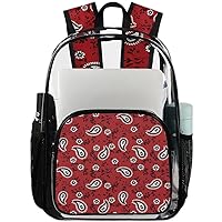 Paisley Red Pattern Clear Backpack Heavy Duty Transparent Bookbag for Women Men See Through PVC Backpack for Security, Work, Sports, Stadium