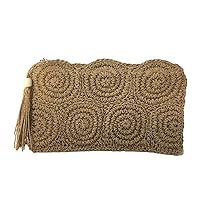 Mira Woven Circles Straw Slim Pouch Clutch, Natural
