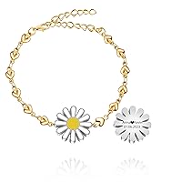 Cute Daisy Bracelets Heart Link Chain Bracelet Flower Bracelet Adjustable for Women Teen Girls - Personalized Friendship Bracelet Best Friend Gift