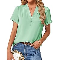 JASAMBAC Womens Casual Shirts Dressy Work Blouses Business Tunic V-Neck Short Sleeves Button Down Tshirts Tops