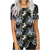 Floral Print Tunic Tops for Women Women's Casual Short Sleeve Crew Neck Blouses Loose Fit Irregular Hem Hide Belly Shirts