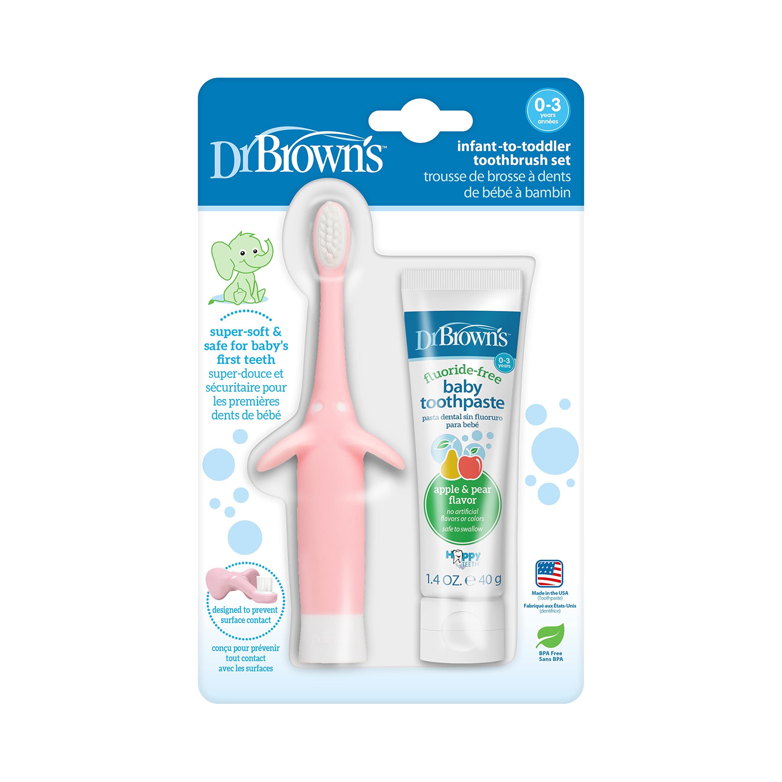 Dr. Brown’s Infant-to-Toddler Training Toothbrush Set, Pink Elephant with Fluoride-Free Apple Pear Baby Toothpaste, 0-3 years