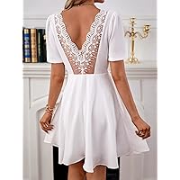 Summer Dresses for Women 2022 Contrast Lace Embroidered Mesh Detail Puff Sleeve Dress Dresses for Women (Color : White, Size : X-Small)