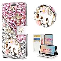 STENES Bling Wallet Phone Case Compatible with iPhone 15 Pro Max - Stylish - 3D Handmade Crystal Elephant Butterfly Flower Magnetic Leather Cover with Neck Strap Lanyard [3 Pack] - Pink