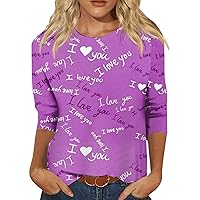 Valentine's Day Shirts, T Shirts for Women Party Tops Women's Fashion Casual Seven Sleeve Valentine's Day Printed Round Neck Top Black and White Blouse Medium Cute Womens T Shirts(4-Purple,XL)