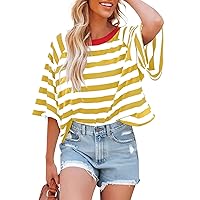 Women's Tops Striped Fashion T Shirts Color Blocking Design Loose Basic Tee Tops, S-2XL