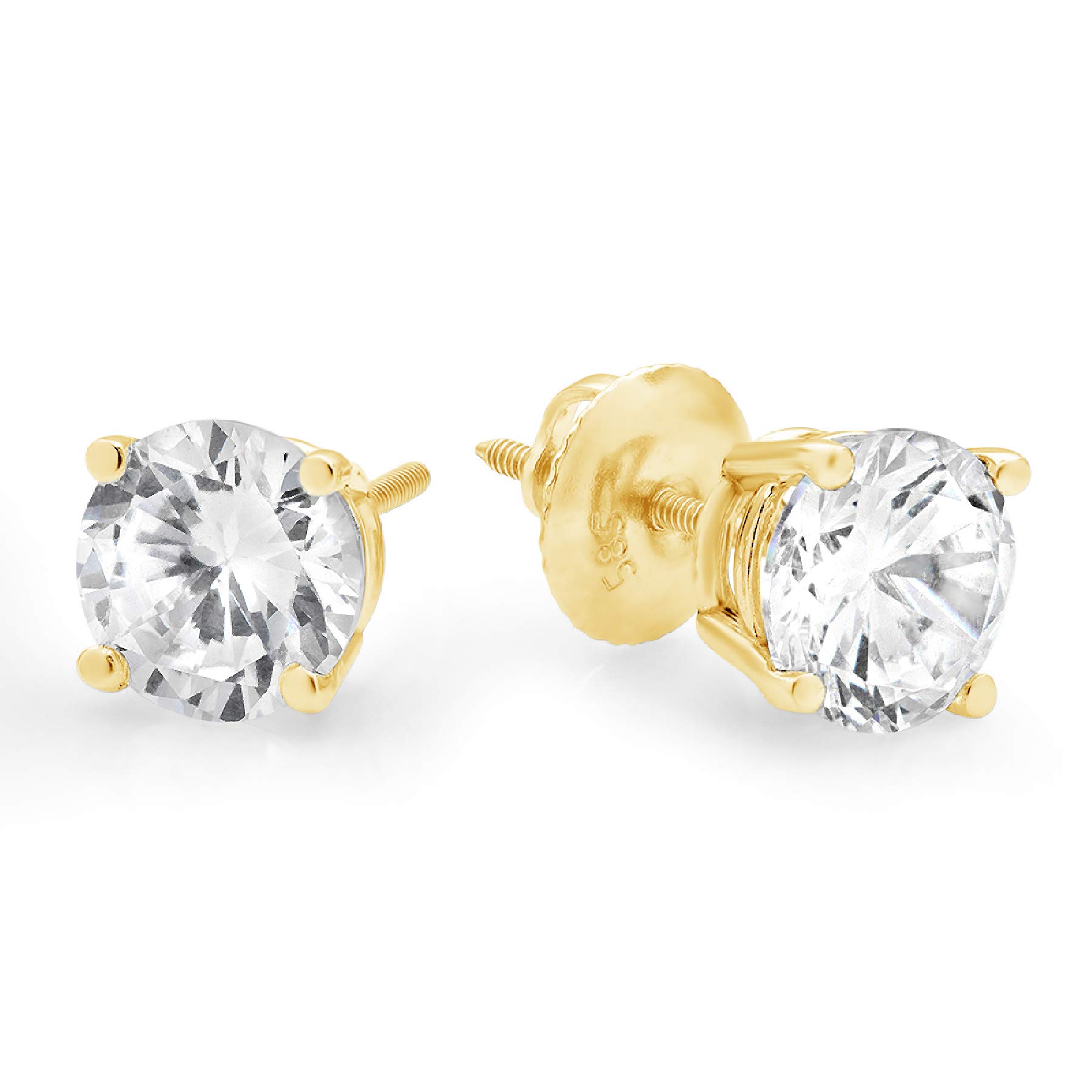 Clara Pucci 2.0 ct Brilliant Round Cut Solitaire Studs with Clear Moissanite - VVS1 and Color D Crystal Stone 14K Yellow Gold Pair of Stud Earrings Screw Back