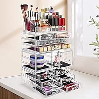 display4top Acrylic Makeup Organizers, 4 Pieces Cosmetic Display Cases with 12 Drawers for Lipstick and Jewerly, Great Vanity, Dresser, Bathroom Organizer (Clear)