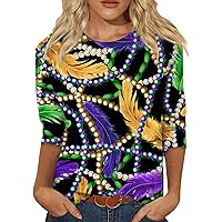 Tops for Women 3/4 Sleeve Plus Size Basic Tees Print Tunic T Shirt 2024 Mardi Gras Carnival Fashion Crewneck Blouse