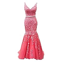 V Neck Mermaid Lace Tulle Crystal Two Pieces Prom Evening Party Dresses Backless Long 2024