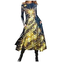 Women's Elegant Dresses Casual Christmas Printed Round Neck Pullover Slim Fitting Long Sleeve Dress Outfits, S-3XL