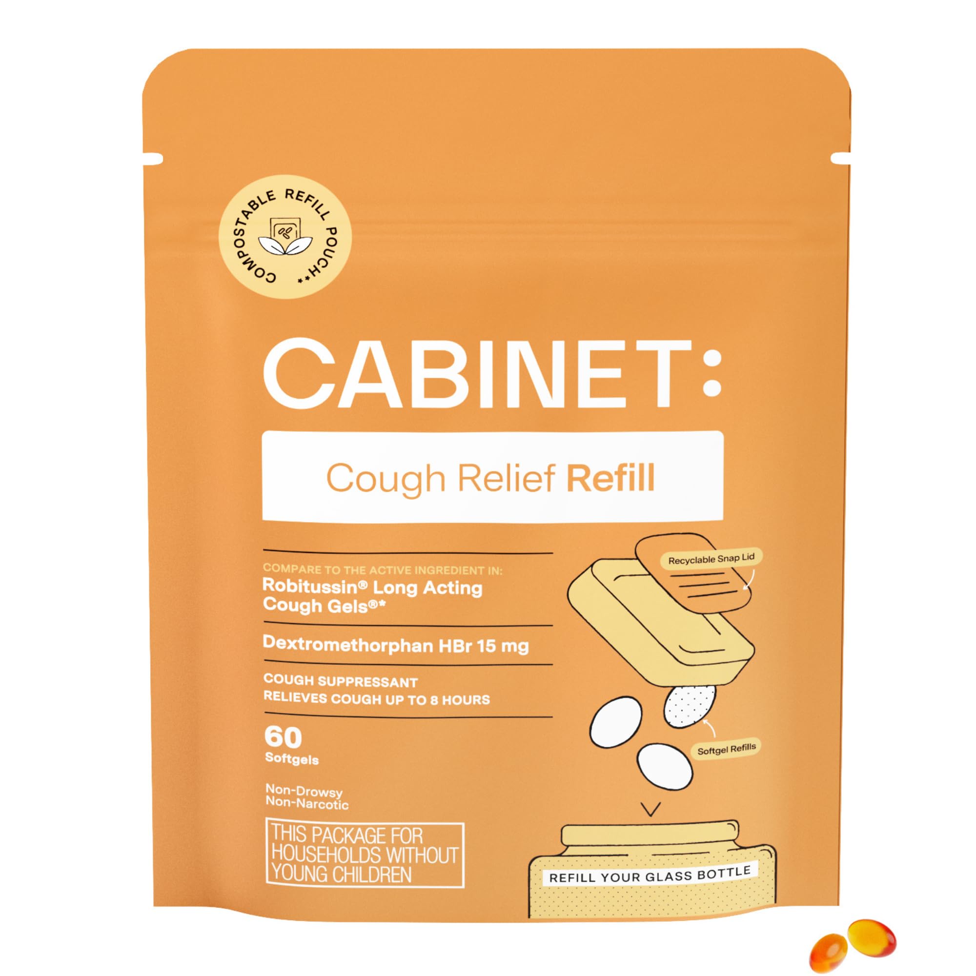 Cabinet: Non-Drowsy Cough Relief Softgels w/Active Ingredient Dextromethorphan Suitable for Adults, Comparable to Robitussin®, 60 Softgels (Refill)