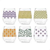 TOSSWARE POP 14oz Vino Retro Art Series, SET OF 6, Premium Quality, Recyclable, Unbreakable & Crystal Clear Plastic Printed Glasses