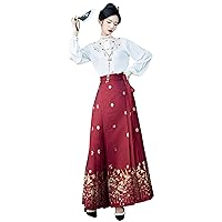 Women's Chinese Horse Face Skirt Seft Tie Pleated Floal Print Elegant Vintage Long Swing Maxi Jacquard Skirt Outfit