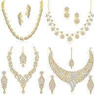 Gold Plated Wedding Jewelry Set with Austrian Diamonds - 4 Necklace Combo for Women/Girl Set of 4 Necklace set