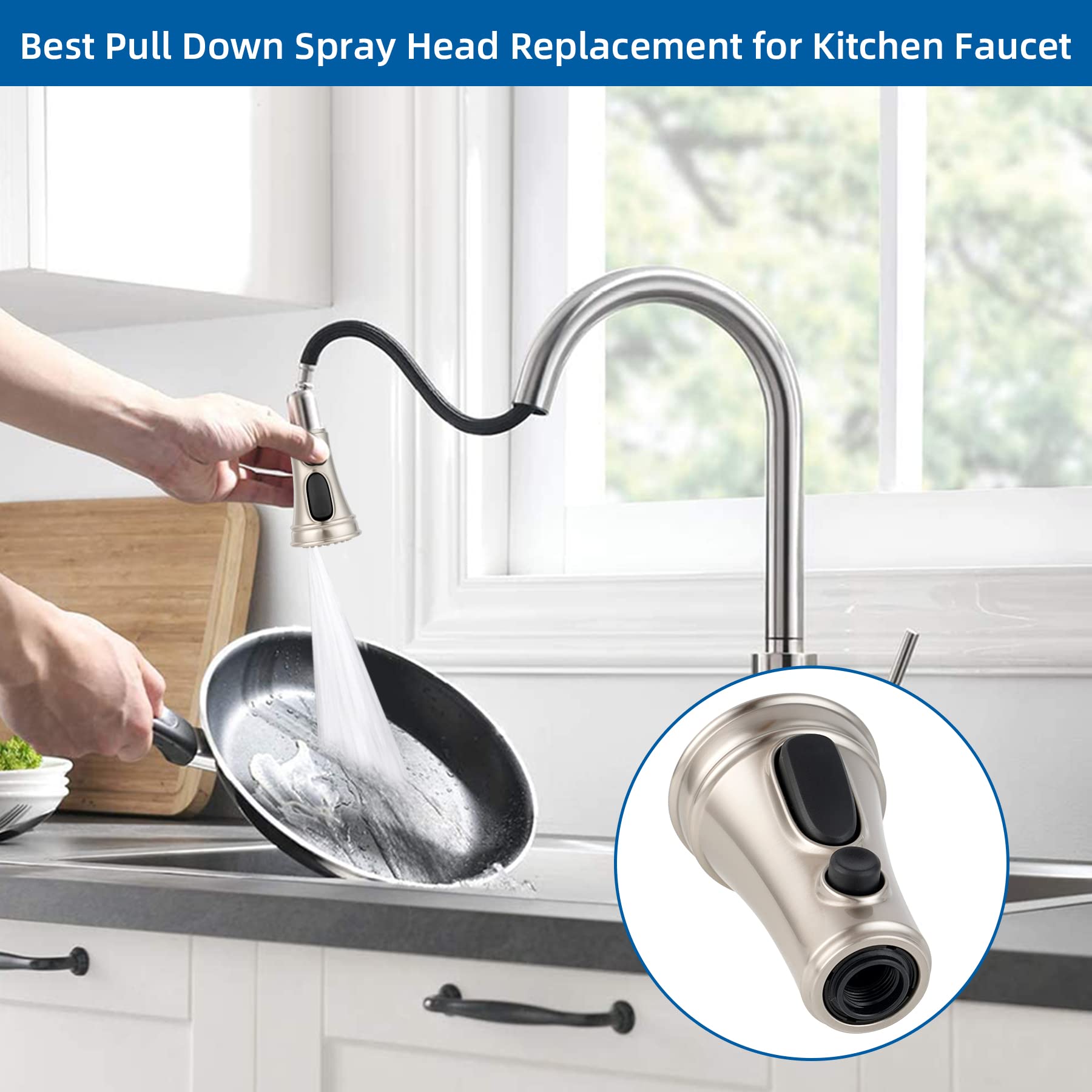 Hibbent Kitchen Faucet Head Replacement, Pull Down Faucet Spray Head, 3 Function Faucet Sprayer Nozzle with 9 Adapters Compatible with Moen, American Standard, Delta, Kohler Faucets, Brushed Nickel
