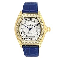 Peugeot Women's 14K Gold Plated Watch - Barrel Shaped Crystal Studded Bezel and Leather Wrist Strap