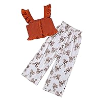 OYOANGLE Girl's 2 Piece Outfit Set Ruffle Trim CamI Top and Floral Print Paperbag Waist Pans Set