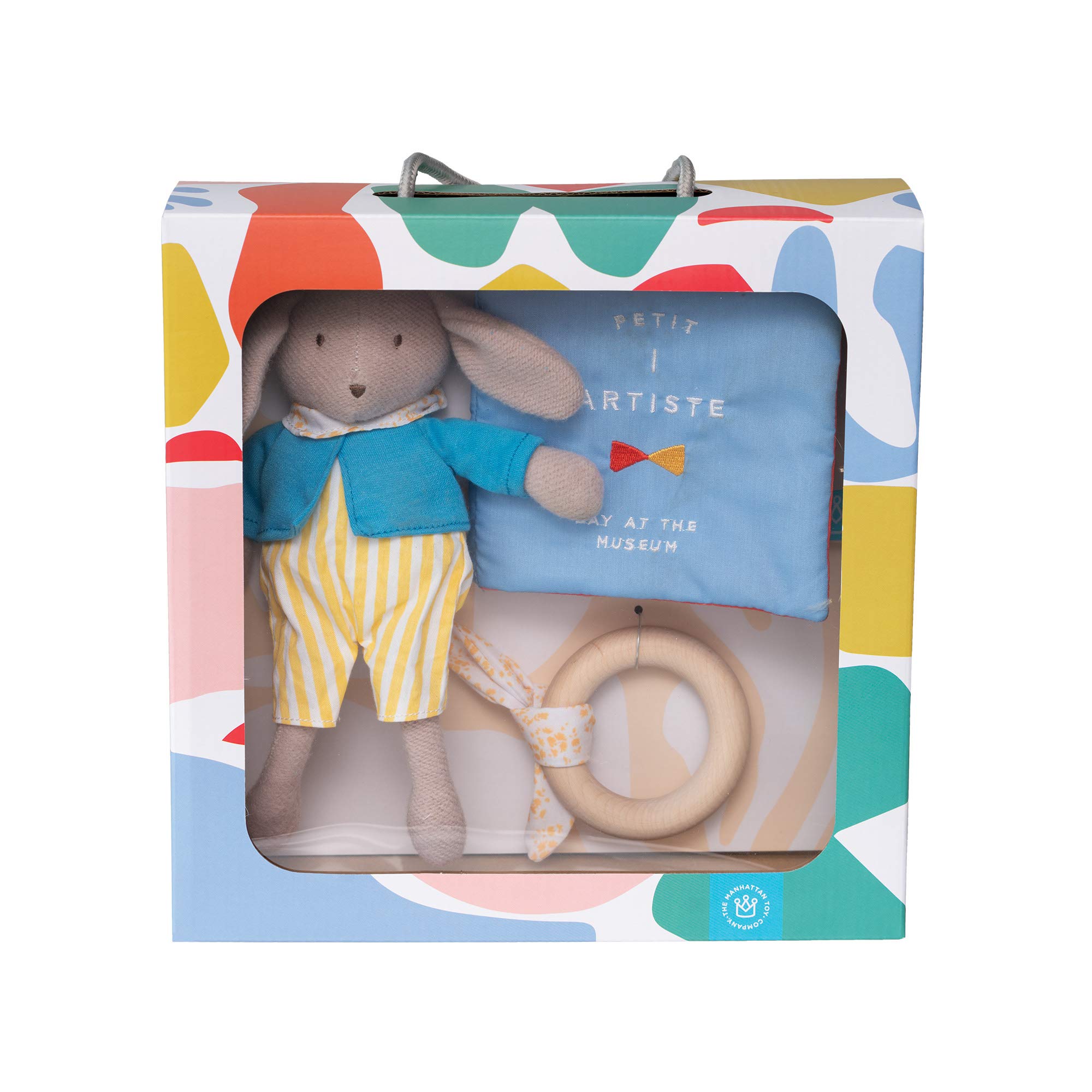 Manhattan Toy Petit Artiste Bunny Doll, Soft Book, & Wooden Teether Baby Soothing Gift Set Medium