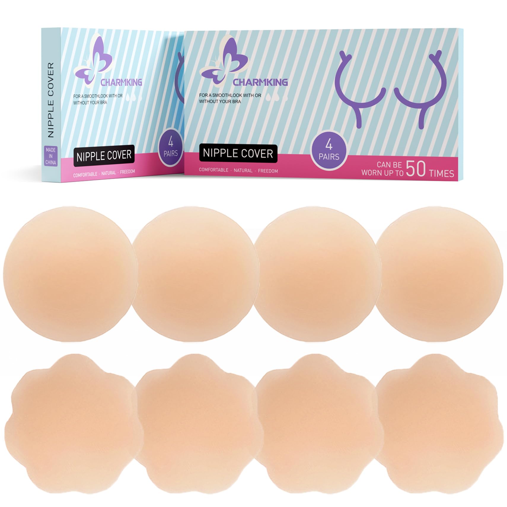 CHARMKING Nipple Covers 4 Pairs for Women, Reusable Adhesive Nipple Coverings, Invisible Pasties Silicone Cover