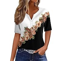 Short Sleeve Tops for Women,Crop Tops for Women Vintage Floral Print Graphic Henley Neck Buttons Shirts Casual Tops for Women