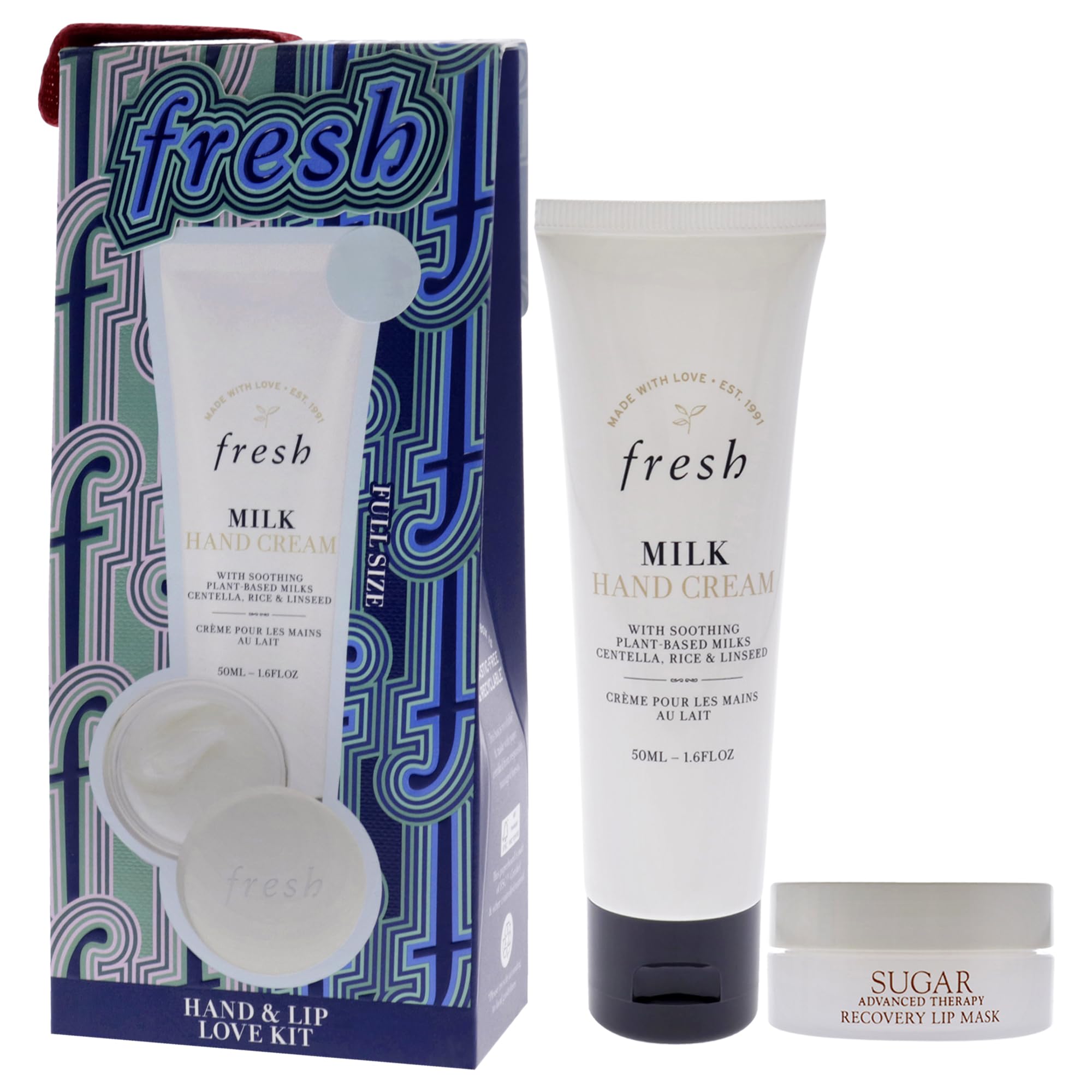 Fresh Hand And Lip Love Kit for Women - 2 Pc 1.6oz Milk Intensive Hand Cream, 0.3oz Sugar Recovery Lip Mask Advanced Therapy