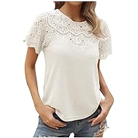 Women's Summer Tops Fashion Solid Color Casual Lace Round Neck Stitching Short-Sleeved T Shirt Top, S-2XL