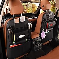 2Pack PU Leather Premium Car SeatBack Organizer Travel Accessories Kick mats Back seat Protector and Cup Holder Holder Universal Use Seat Covers Black