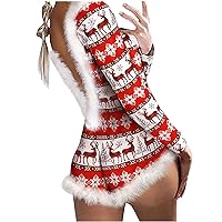 Women's Christmas Short Jumpsuit Pjs Sexy Backless Bodycon Rompers Long Sleeve Onesie Pajama One Piece Bodysuit