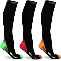 Physix Gear Sport 3 Pairs of Compression Socks for Men & Women in (Black/Green + Black/Orange + Black/Red) L-XL Size