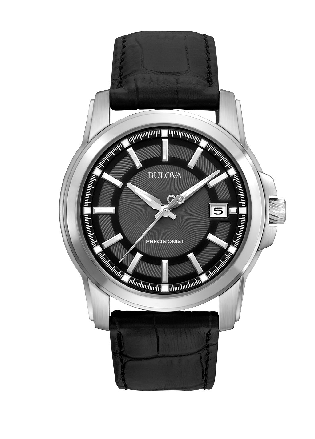 Bulova Men's Precisionist 3-Hand Calendar in Stainless Steel with Black Leather Strap and Black Patterned Dial Style: 96B158