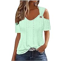 Sexy Cold Shoulder Tops for Women Dressy Cut Out Eyelet Crochet Shirts Trendy Short Sleeve Elegant Casual Blouses