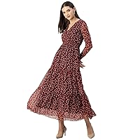 Printed Flared Maxi Dress for Women, V-Neck Long Sleeve, Chiffon Maxi Dress