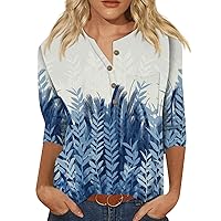 Trendy Tops for Women 2024,3/4 Sleeve Tops for Women Vintage Print Button Top Graphic Tees for Women