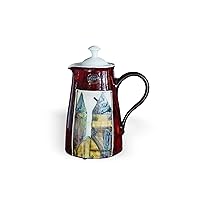 Handmade Pottery Pitcher with Lid - Unique Ceramic Ewer for Christmas, Kitchen Decor - Wheel Thrown Clay Jug in Red, Blue, and Ochre Colors