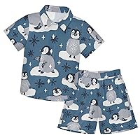 Cute Penguins Snowflakes Boys Hawaiian Shirts T-Shirt Shorts Set Summer Outfit Kids 2 Piece Clothes Set,3T
