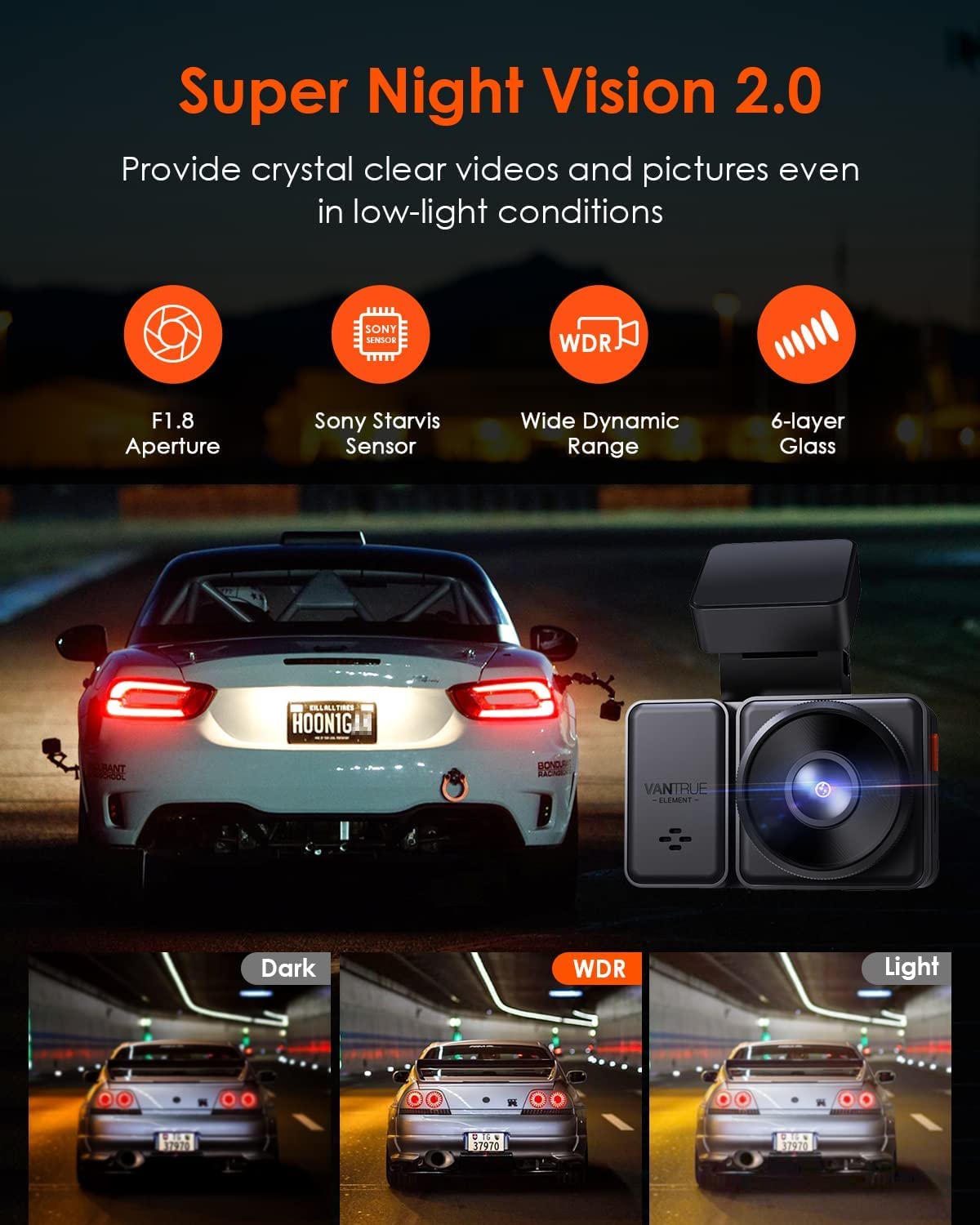 Vantrue E2 Dash Cam Front and Rear with Voice Control, 2.7K + 2.7K Dual Dash Camera for Cars, WiFi, GPS, STARVIS Night Vision, Buffered Parking Mode, G-Sensor, 2.45