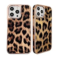 Compatible with iPhone 14 Pro Phone Case Luxury Plating Rose Gold Leopard Print Leather Side Frame Design for Women Shockproof Silicone Protective Cases for Apple 14 Pro Cover