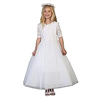 Girls' White First Communion Lace Tulle Half Sleeves Flower Girl Pageant Dress USA 2-24