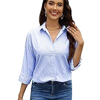 JMITHA Womens Fashion Striped Shirt Classic Long Sleeve Button Down Shirt Business Casual Blouses Work Tops
