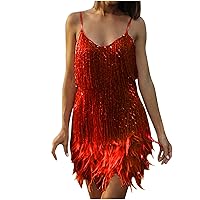 Ruziyoog Fashion Dress for Women Elegant Tassels Sequin Fringe Flapper Dresses Sexy Spaghetti Straps Mini Dancewear Dress