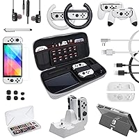 ECHTPower Switch Accessories Bundle - Kit for Nintendo Switch Games Switch Case&Screen Protector, Grip Case, Games Holder, Headphones, Joy Con Grips, Caps, Steering Wheels, Joy Con Charger(20 in 1)
